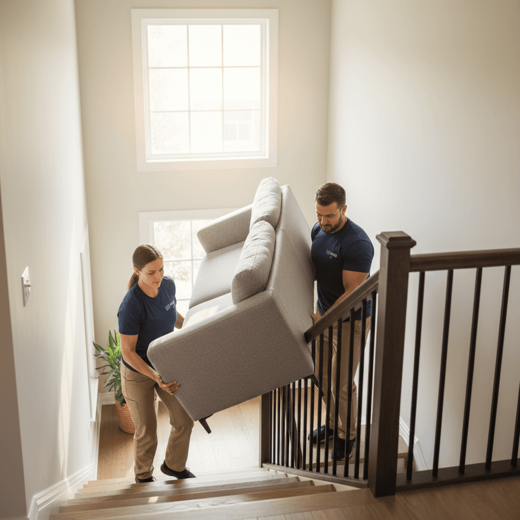 Professional movers carrying furniture up stairs