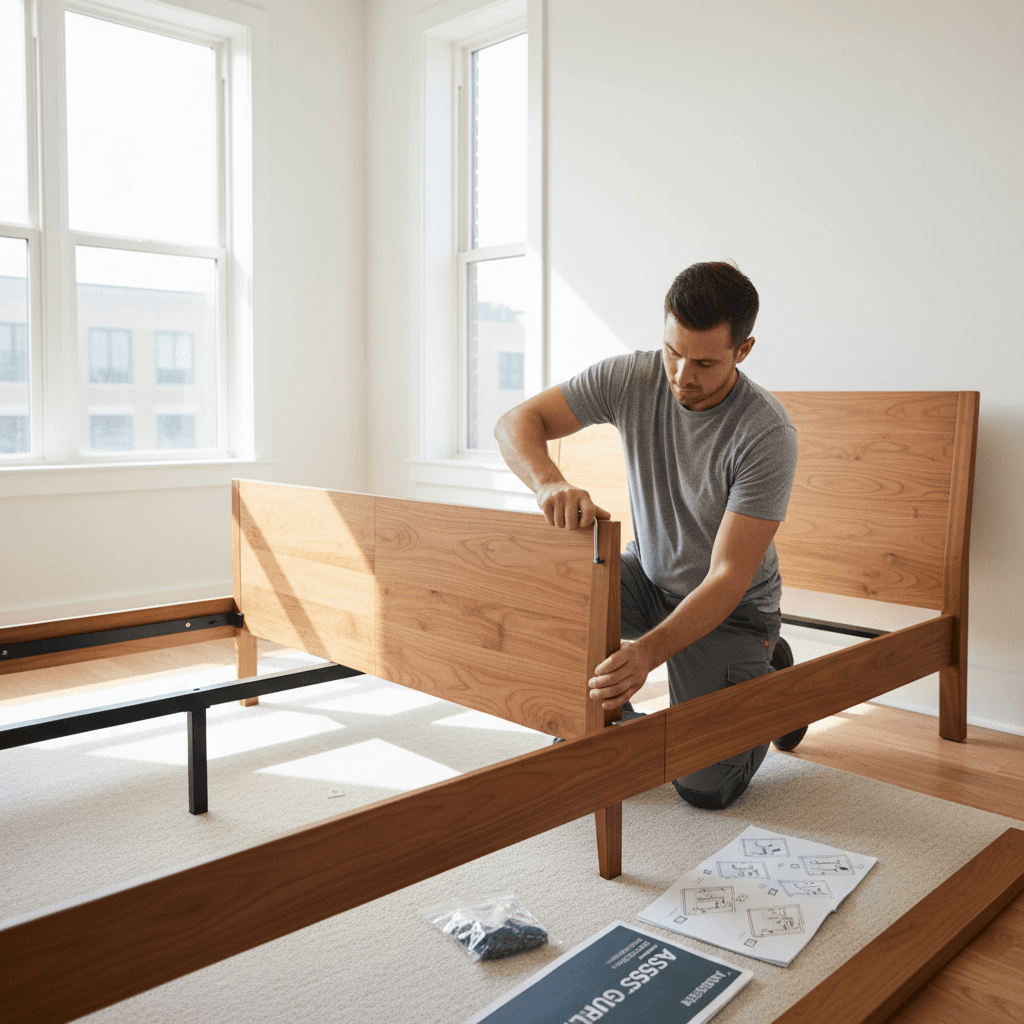 Mover assembling bed frame in new bedroom