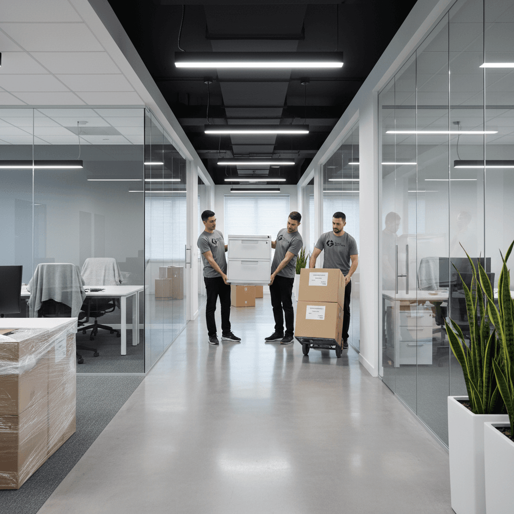 Professional movers transporting office furniture through modern corridor