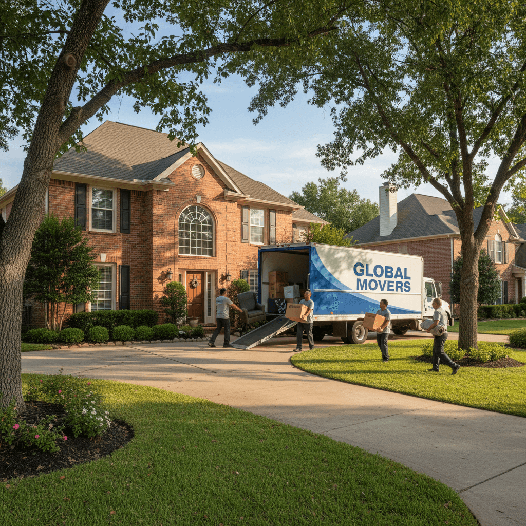 Family home with moving truck and team in driveway
