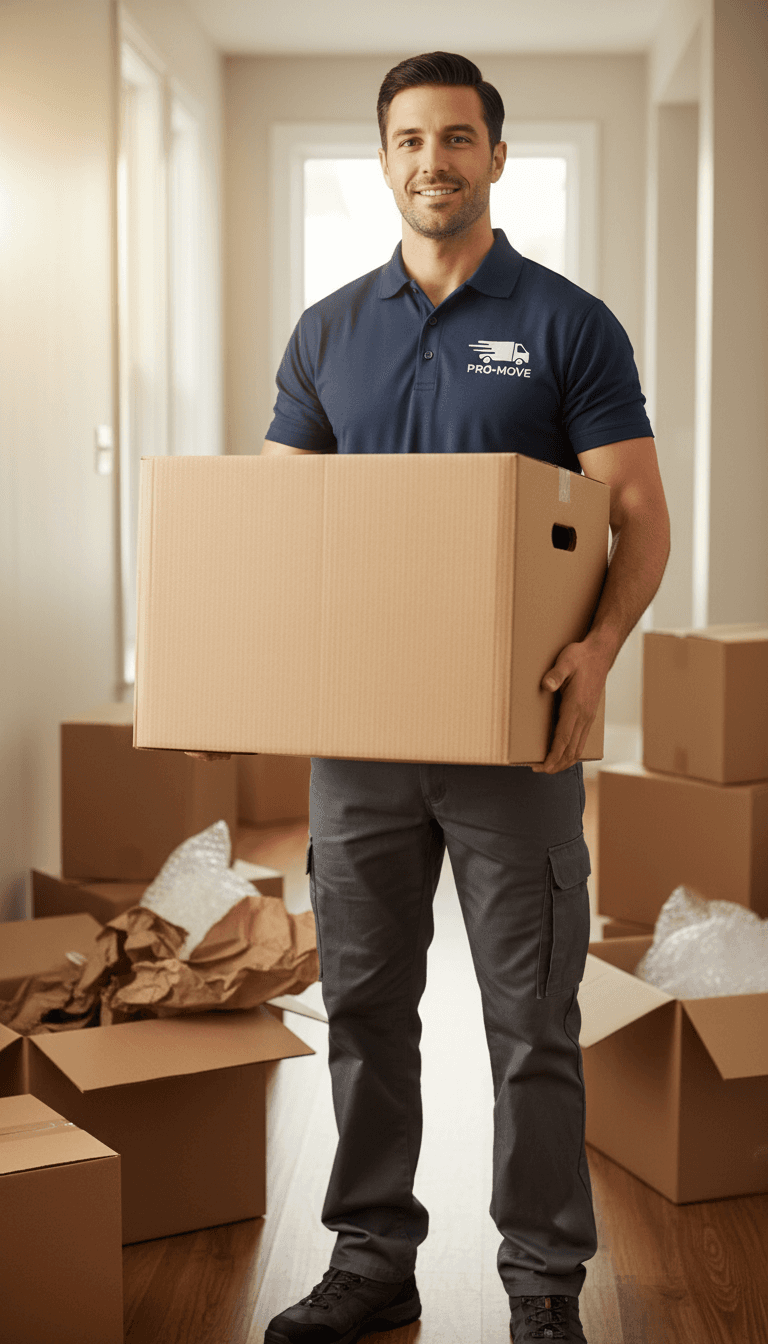 Professional mover holding organized moving box in residential hallway