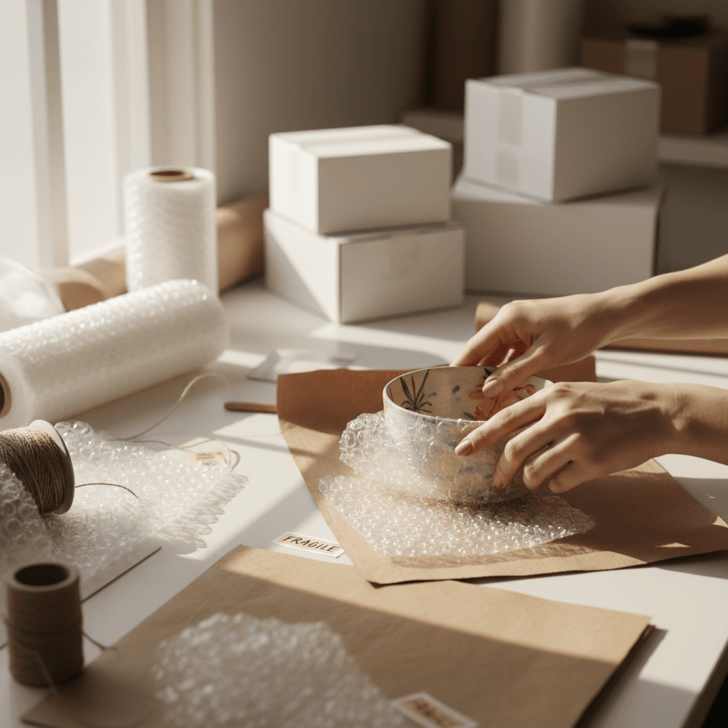 Careful hands wrapping delicate dishes in protective materials
